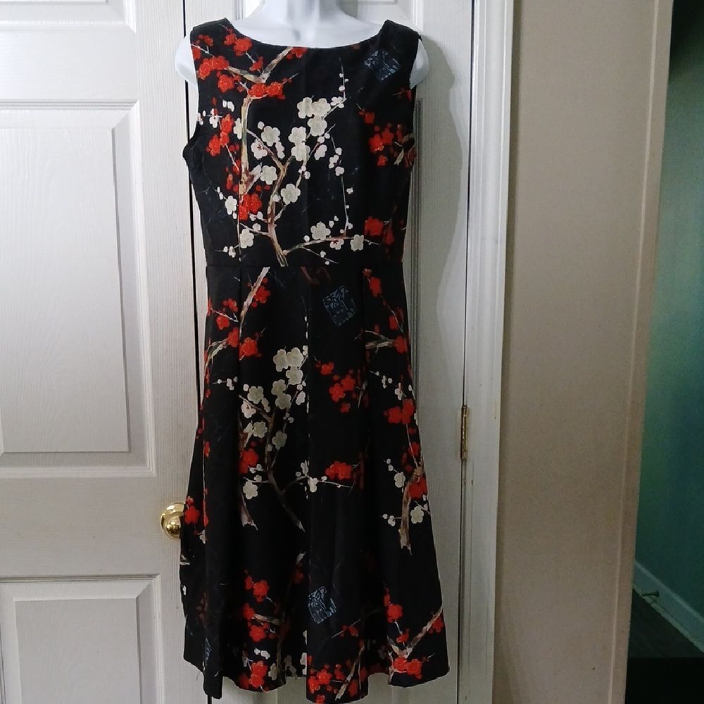 Thxgiving black floral print pleated front sleeveless dress Sz XL NWOT